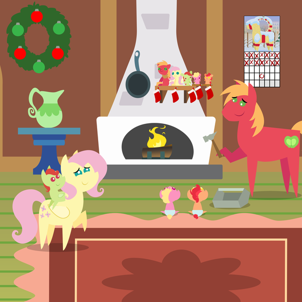 Size: 2160x2160 | Tagged: safe, anonymous artist, derpibooru import, big macintosh, fluttershy, oc, oc:apple sorbet, oc:late riser, oc:pink lemonade, earth pony, pegasus, pony, series:fm holidays, series:hearth's warming advent calendar 2024, g4, advent calendar, alternate hairstyle, baby, baby pony, christmas, colt, family, female, fireplace, fluttermac, fluttershy's cottage, foal, hammer, hearth's warming doll, high res, holiday, hoof hold, image, lineless, looking up, male, mare, offspring, parent:big macintosh, parent:fluttershy, parents:fluttermac, png, pointy ponies, ponies riding ponies, riding, riding a pony, shipping, short mane, smiling, stallion, straight, toddler, toolbox