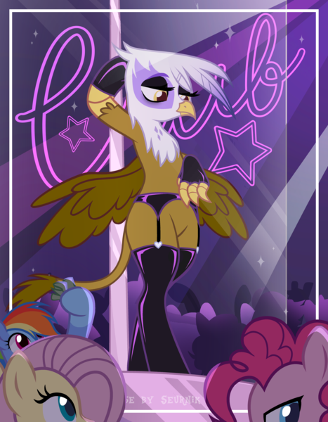 Size: 3893x5001 | Tagged: safe, artist:darkshalls, artist:seurnik, artist:shallarts, derpibooru import, fluttershy, gilda, pinkie pie, rainbow dash, earth pony, gryphon, pegasus, pony, base used, clothes, commission, eyeshadow, female, fingerless gloves, gildapie, gildash, gildashy, gloves, hoof hold, image, latex, latex socks, lesbian, makeup, mare, money, panties, png, shipping, socks, stockings, stripper, stripper pole, thigh highs, underwear, ych result