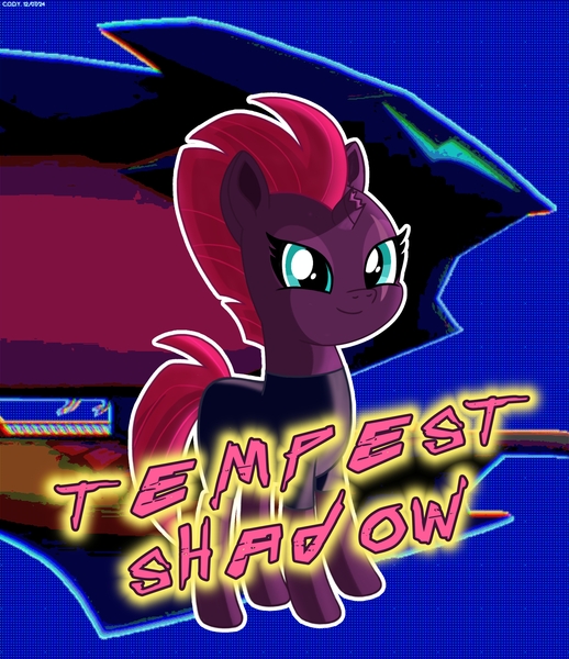 Size: 3338x3870 | Tagged: safe, artist:codenamekid, derpibooru import, tempest shadow, pony, unicorn, g4, my little pony: the movie, airship, blue background, broken horn, chromatic aberration, female, horn, image, jpeg, looking at you, mare, pixelated, shading, simple background, smiling, smiling at you, solo, spandex, storm king's ship, text, zeppelin