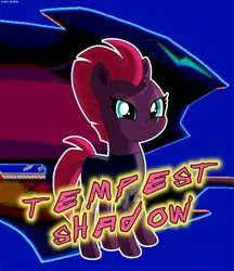 Size: 3338x3870 | Tagged: safe, artist:codenamekid, derpibooru import, tempest shadow, pony, unicorn, g4, my little pony: the movie, airship, blue background, broken horn, chromatic aberration, female, horn, image, jpeg, looking at you, mare, pixelated, shading, simple background, smiling, smiling at you, solo, spandex, storm king's ship, text, zeppelin