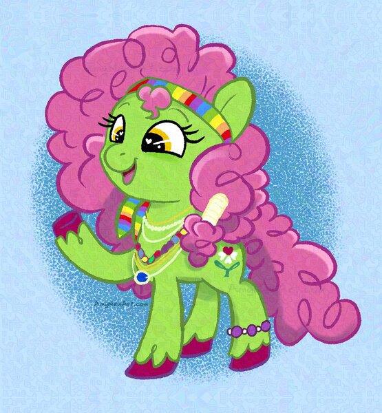 Size: 1894x2048 | Tagged: safe, artist:amynewblue, derpibooru import, earth pony, pony, background pony, blue background, g6, gay pride flag, green pony, image, jewelry, jpeg, pink hair, pride, pride flag, reboot, reboot series, signature, simple background, unshorn fetlocks, yellow eyes