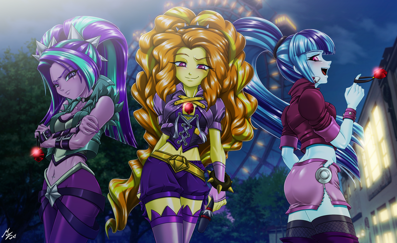 Size: 2606x1600 | Tagged: safe, alternate version, artist:mauroz, derpibooru import, adagio dazzle, aria blaze, sonata dusk, human, equestria girls, g4, ass, bedroom eyes, belly, belly button, belly piercing, bellyring, breasts, busty adagio dazzle, busty aria blaze, butt, cleavage, clothes, corset, female, fishnet clothing, fishnets, glare, glow, glowing eyes, image, lidded eyes, midriff, miniskirt, piercing, png, red eyes, remastered, skirt, socks, sonata donk, stockings, the dazzlings, thigh highs, unf, wide hips