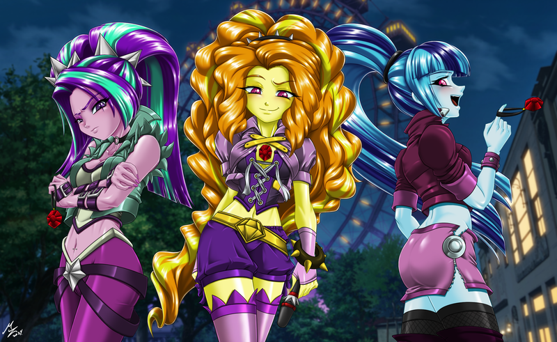 Size: 2606x1600 | Tagged: safe, alternate version, artist:mauroz, derpibooru import, adagio dazzle, aria blaze, sonata dusk, human, equestria girls, g4, ass, bedroom eyes, belly, belly button, belly piercing, bellyring, breasts, busty adagio dazzle, busty aria blaze, butt, cleavage, clothes, corset, female, fishnet clothing, fishnets, glare, glow, glowing eyes, image, lidded eyes, midriff, miniskirt, piercing, png, red eyes, remastered, skirt, socks, sonata donk, stockings, the dazzlings, thigh highs, unf, wide hips