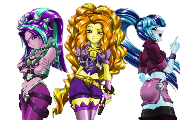 Size: 2606x1600 | Tagged: safe, alternate version, artist:mauroz, derpibooru import, adagio dazzle, aria blaze, sonata dusk, human, equestria girls, g4, ass, bedroom eyes, belly, belly button, belly piercing, bellyring, breasts, busty adagio dazzle, busty aria blaze, butt, cleavage, clothes, corset, female, fishnet clothing, fishnets, glare, glow, image, lidded eyes, midriff, miniskirt, piercing, png, red eyes, remastered, simple background, skirt, socks, sonata donk, stockings, the dazzlings, thigh highs, transparent background, unf, wide hips