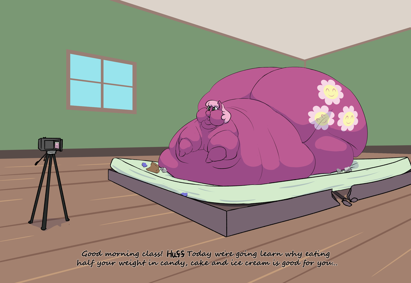 Size: 3276x2252 | Tagged: questionable, artist:lupin quill, derpibooru import, cheerilee, earth pony, pony, g4, bed, bedbound, belly, belly bed, big belly, blob, butt, camcorder, chubbilee, chubby cheeks, dialogue, fat, fat fetish, feedee, fetish, flabby chest, furniture abuse, grin, huge belly, huge butt, image, immobile, implied weight gain, impossibly large belly, impossibly large butt, large butt, morbidly obese, multichin, neck roll, obese, panting, png, property damage, rolls of fat, smiling, stretched cutie mark, this will end in weight gain, trash