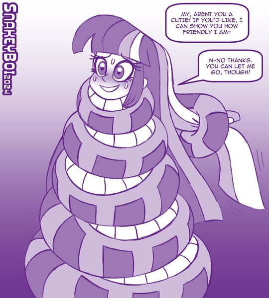 Size: 1843x2048 | Tagged: safe, artist:snakeythingy, derpibooru import, twilight sparkle, human, snake, equestria girls, g4, blushing, brushing, coils, cute, duo, female, grin, hair brushing, image, jpeg, kaa, male, nervous, nervous grin, nervous sweat, smiling, sweat, twiabetes, wrapped snugly, wrapped up