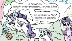 Size: 1200x675 | Tagged: safe, artist:pony-berserker, derpibooru import, rarity, twilight sparkle, twilight sparkle (alicorn), alicorn, g4, alcohol, alcoholism, drink, drinking, drunk bubbles, emanata, image, magic, mispronunciation, png, pony-berserker's twitter sketches, pony-berserker's twitter sketches (2024), procrastination, rarity being rarity, sad, telekinesis, tired