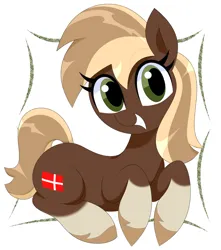 Size: 1752x1980 | Tagged: safe, artist:scandianon, derpibooru import, oc, oc:jutlandmare, ponified, unofficial characters only, earth pony, pony, coat markings, denmark, female, hooves, image, looking at you, lying down, mare, nation ponies, png, prone, simple background, smiling, socks (coat marking), unshorn fetlocks