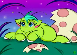 Size: 1400x1000 | Tagged: safe, artist:namelessplaza, derpibooru import, oc, oc:starzie, unofficial characters only, alien, alien pony, pony, baby, baby pony, egg, female, hatching, image, jpeg, night, plants, solo, stars