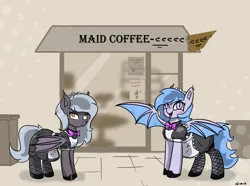 Size: 2503x1864 | Tagged: safe, artist:n-o-n, derpibooru import, oc, oc:lucky roll, oc:reeree, unofficial characters only, bat pony, pony, clothes, coffee, confused, dress, eeee, female, fishnet clothing, fishnets, image, looking at you, maid, maid headdress, mare, no thoughts head empty, png, ribbon, shop, skirt, smiling, smiling at you, socks, stockings, thigh highs, welcome to the show