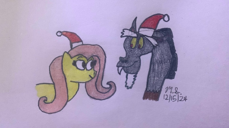 Size: 4032x2268 | Tagged: safe, derpibooru import, discord, fluttershy, friendship is magic, g4, 2024, christmas, duo, duo male and female, female, holiday, image, jpeg, male, my little pony, santa hats, smiling