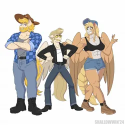 Size: 2048x2048 | Tagged: safe, artist:shallowwin, derpibooru import, oc, oc:chase, unofficial characters only, anthro, earth pony, pegasus, pony, abs, anthro oc, clothes, commission, country, cousins, cowboy, cowboy hat, earth pony oc, farmer, female, hat, image, jacket, jpeg, male, mare, muscles, muscular female, muscular male, pegasus oc, siblings, skinny, stallion, thin, wings