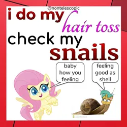 Size: 894x894 | Tagged: safe, derpibooru import, edit, fluttershy, snails, original species, pegasus, pony, snail, snail pony, g4, my little pony: pony life, 1000 years in photoshop, good as hell, image, jpeg, lizzo, meme, pun, shitposting, snailified, wat