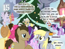 Size: 1440x1080 | Tagged: safe, artist:bronybyexception, derpibooru import, applejack, derpy hooves, doctor whooves, mercury, pinkie pie, purple waters, starlight glimmer, starry eyes (character), time turner, twilight sparkle, g4, advent calendar, battery, christmas, christmas tree, holiday, image, implied time travel, lip gloss, png, ponyville, self paradox, self ponidox, starry eyes (g4), tree