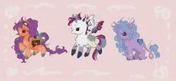 Size: 2047x943 | Tagged: safe, artist:lullabylights-xo, derpibooru import, izzy moonbow, sunny starscout, zipp storm, earth pony, pegasus, pony, unicorn, g5, bag, bow, bracelet, chest fluff, female, friendship bracelet, horn, image, jewelry, jpeg, leg wraps, leonine tail, mare, redesign, saddle bag, smiling, spread wings, tail, tail bow, trio, trio female, unshorn fetlocks, wings