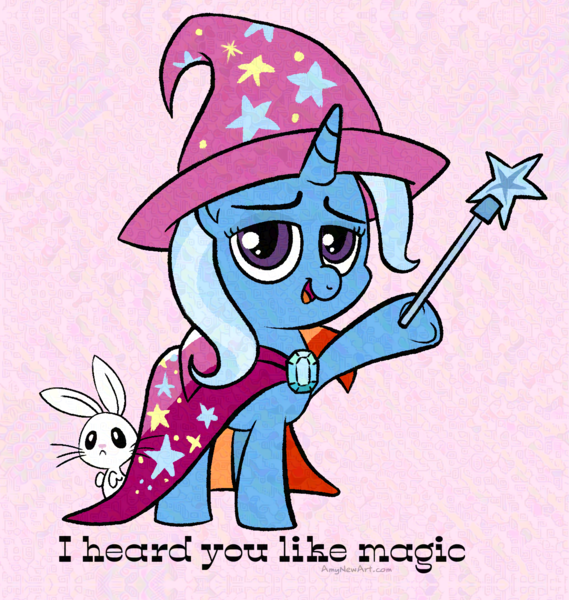 Size: 2410x2540 | Tagged: safe, artist:amynewblue, derpibooru import, angel bunny, trixie, pony, rabbit, unicorn, g4, animal, blue mane, blue pony, cape, clothes, duo, hat, horn, image, lesbian pride flag, magic wand, pink background, png, pride, pride flag, purple eyes, simple background, song reference, trixie's cape, trixie's hat