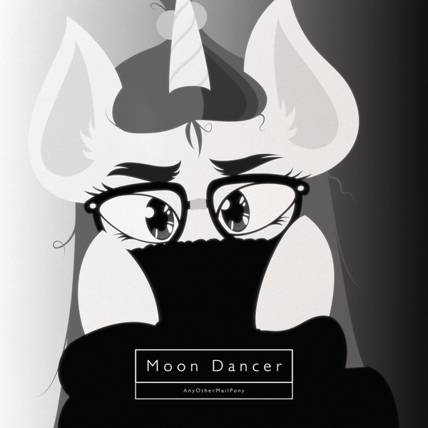 Size: 1920x1920 | Tagged: safe, artist:anyothermailpony, derpibooru import, moondancer, pony, unicorn, g4, album cover, album parody, bust, clothes, covering mouth, ear fluff, eyebrows, eyelashes, eyeliner, glasses, hair tie, horn, image, makeup, messy mane, monochrome, parody, png, portrait, solo, staring at you, striped mane, sweater, taped glasses