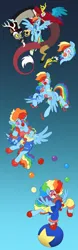 Size: 1280x4106 | Tagged: safe, artist:atcpony, derpibooru import, discord, rainbow dash, draconequus, pegasus, pony, g4, balancing, ball, clown, clown makeup, clown nose, commission, duo, duo male and female, female, gradient background, image, juggling, male, mare, mind control, png, rainbow wig, red nose, transformation, transformation sequence