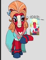 Size: 1070x1374 | Tagged: safe, artist:calaphort, derpibooru import, big macintosh, cherry berry, earth pony, pony, brotherhooves social, g4, alternate design, blaze (coat marking), blushing, bow, clothes, coat markings, crossdressing, dress, eyeshadow, facial markings, hair bow, hoof shoes, image, jpeg, makeup, male, my little pony, orchard blossom, raised hoof, scene interpretation, screencap reference, stallion, twitterina design, wig