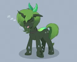 Size: 5250x4250 | Tagged: safe, artist:beachedblooms, derpibooru import, oc, oc:paradigm, unofficial characters only, changeling, changeling oc, cutie mark, drool, eyes closed, feather, female, full body, green changeling, green mane, horn, image, onomatopoeia, open mouth, png, simple background, sleeping, solo, solo female, sound effects, standing, zzz