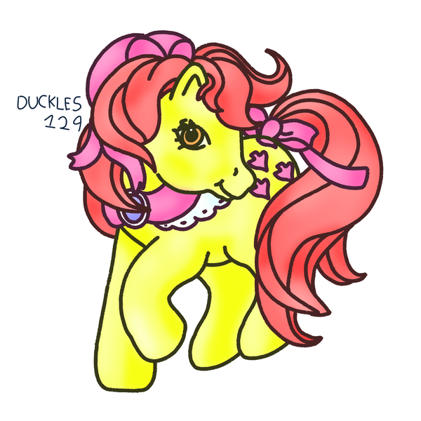 Size: 1500x1500 | Tagged: safe, artist:duckles129, derpibooru import, apple bloom, earth pony, pony, g1, g4, apple bloom's bow, bow, female, foal, g4 to g1, generation leap, hair bow, image, mare, older, older apple bloom, png, raised hoof, signature, simple background, solo, tail, tail bow, white background