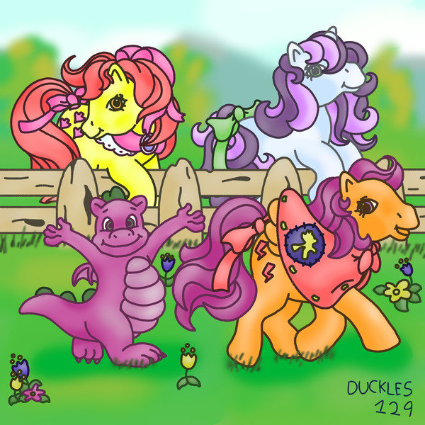 Size: 1500x1500 | Tagged: safe, artist:duckles129, derpibooru import, apple bloom, scootaloo, spike, sweetie belle, dragon, earth pony, pegasus, pony, unicorn, g1, g4, apple bloom's bow, bow, cape, clothes, cutie mark crusaders, female, fence, flower, g4 to g1, generation leap, hair bow, horn, image, jpeg, looking at you, male, mare, older, older apple bloom, older scootaloo, older sweetie belle, outdoors, smiling, spread wings, tail, tail bow, winged spike, wings