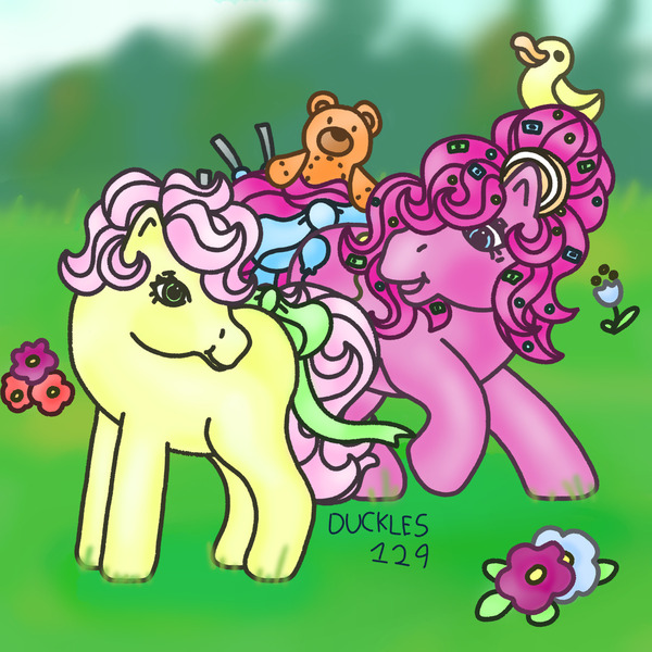 Size: 1500x1500 | Tagged: safe, artist:duckles129, derpibooru import, li'l cheese, pinkie pie, earth pony, pony, g1, g4, the last problem, bow, colt, duo, duo male and female, female, flower, foal, g4 to g1, generation leap, image, jpeg, male, mare, mother and child, mother and son, outdoors, plushie, rubber duck, signature, tail, tail bow, teddy bear