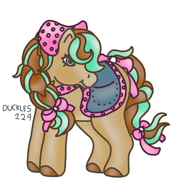 Size: 1500x1500 | Tagged: safe, artist:duckles129, derpibooru import, horse, pony, g1, bow, choker, clothes, cocoa (wild manes), female, hair bow, headscarf, hooves, image, mare, png, saddle, scarf, signature, simple background, solo, style emulation, tack, tail, tail bow, white background, wild manes