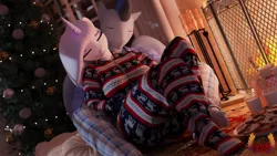 Size: 2048x1152 | Tagged: safe, artist:loveslove, ponerpics import, fleur-de-lis, oc, unofficial characters only, anthro, 3d, breasts, christmas, clothes, eyes closed, female, holiday, image, jpeg, male and female, pajamas, socks