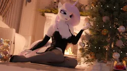 Size: 2048x1152 | Tagged: suggestive, artist:loveslove, ponerpics import, fleur-de-lis, anthro, 3d, breasts, christmas, feet, female, garters, holiday, image, jpeg, kneeling, solo, stocking feet