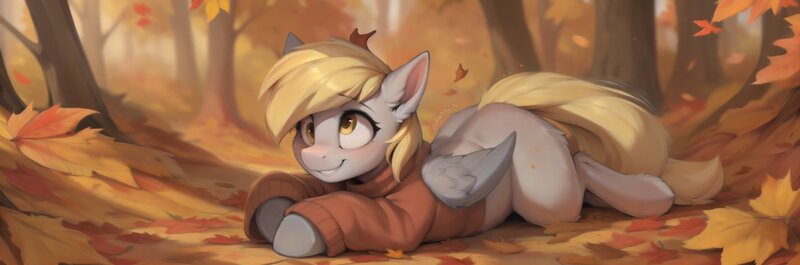 Size: 2992x992 | Tagged: safe, ai content, machine learning generated, prompter:tial, derpy hooves, pegasus, pony, g4, autumn, falling leaves, female, folded wings, image, jpeg, jumper, leaf on head, leaves, lying down, missing cutie mark, prone, smiling, solo, solo female, wings