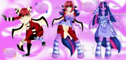 Size: 4096x1948 | Tagged: safe, artist:ghostlyreflection, derpibooru import, twilight sparkle, twilight sparkle (alicorn), alicorn, anthro, bat, unguligrade anthro, arm hooves, bondage, clothes, dialogue, dress, encasement, female, furry, furry to pony, image, inanimate tf, jpeg, latex, latex suit, mask, masking, offscreen character, outline, socks, steams, striped socks, transformation, transformation sequence