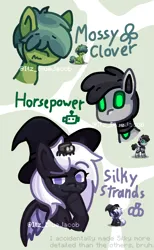 Size: 1380x2237 | Tagged: safe, artist:itz_bluejacob, derpibooru import, oc, oc:horsepower, oc:mossy clover, oc:silky strands (itzbluejacob), unofficial characters only, bat pony, earth pony, pony, robot, robot pony, spider, pony town, :3, bat wings, clover, derpibooru exclusive, hair over eyes, hat, image, newbie artist training grounds, png, pumpkin, shy, simple background, smiling, smug, smug smile, watermark, white background, wings, witch, witch hat