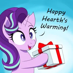 Size: 1500x1500 | Tagged: safe, artist:vomitvomiting, derpibooru import, starlight glimmer, pony, unicorn, g4, gradient background, hearth's warming, horn, image, open mouth, open smile, png, smiling, solo, text