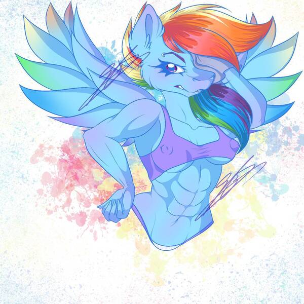 Size: 1446x1446 | Tagged: suggestive, artist:wolfieswap, derpibooru import, rainbow dash, anthro, pegasus, pony, g4, abs, abstract background, areola outline, belly, belly button, breasts, cheek fluff, clothes, colored wings, colored wingtips, ear fluff, erect nipples, female, image, jpeg, lidded eyes, mare, midriff, multicolored wings, muscles, nipple outline, nose blush, rainbow wings, rainbuff dash, reasonably sized breasts, shoulder blush, solo, solo female, sports bra, wings