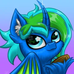 Size: 3000x3000 | Tagged: safe, artist:sunamoonmlp, derpibooru import, oc, oc:azure melody, unofficial characters only, alicorn, pony, g4, bat wings, bust, cheek fluff, commission, cute, derpibooru exclusive, ear fluff, hoof fluff, horn, image, male, pfp, png, portrait, raised hoof, smiling, stallion, wings