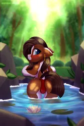 Size: 3897x5824 | Tagged: source needed, suggestive, artist:sonigiraldo, derpibooru import, oc, unofficial characters only, pony, bikini, bikini bottom, blushing, butt, clothes, dock, ear piercing, earring, female, floppy ears, forest, image, jewelry, lilypad, looking back, mare, nature, outdoors, partially submerged, piercing, plot, png, pond, rear view, red bikini, red swimsuit, solo, solo female, swimsuit, tail, tree, water