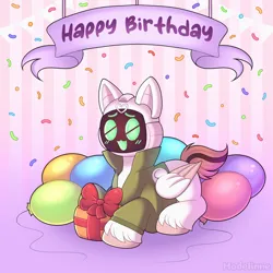 Size: 2900x2900 | Tagged: safe, artist:madelinne, derpibooru import, oc, unofficial characters only, pegasus, balloon, birthday, image, png, solo