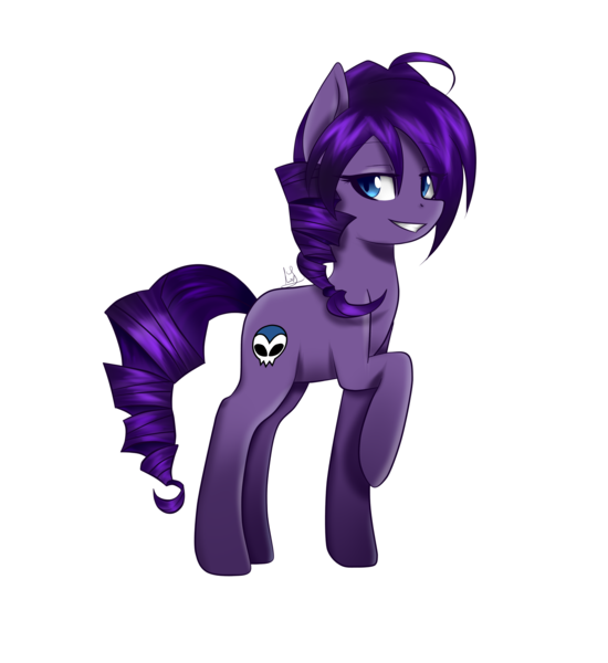 Size: 2757x3008 | Tagged: safe, artist:sonigiraldo, derpibooru import, oc, oc:zone-tan, ponified, unofficial characters only, earth pony, pony, blue eyes, braid, female, image, looking at you, mare, png, purple, purple coat, purple fur, purple hair, purple mane, purple tail, raised hoof, simple background, skull, smiling, solo, tail, transparent background, waifu material, zone-sama