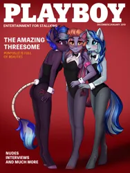 Size: 1661x2211 | Tagged: suggestive, artist:sonigiraldo, derpibooru import, oc, oc:azure heart, oc:lilac trinket, oc:ruby rosa, unofficial characters only, anthro, bat pony, unicorn, blushing, breasts, bunny suit, clothes, costume, cover art, female, females only, horn, image, looking at you, playboy, playboy bunny, png, socks, trio, trio female