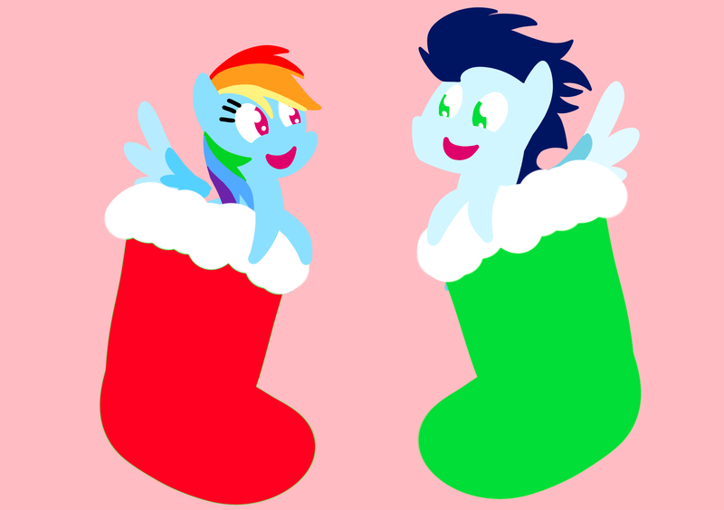 Size: 3553x2499 | Tagged: safe, anonymous artist, derpibooru import, rainbow dash, soarin', pegasus, pony, series:soarindash hearth's warming, series:soarindash romantic tales, g4, christmas, clothes, derpibooru exclusive, female, hearth's warming, holiday, image, looking at each other, looking at someone, male, mare, png, pointy ponies, shipping, smiling, smiling at each other, soarindash, socks, stallion, straight