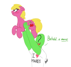 Size: 1702x1590 | Tagged: safe, artist:ricy, ponerpics import, cherry berry, oc, oc:anon, earth pony, human, pony, blushing, clothes, dialogue, female, grumpy, image, lifting, png, scrunchy face, shirt, simple background, t-shirt, transparent background, upsies