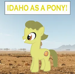 Size: 2193x2142 | Tagged: safe, artist:memeartboi, derpibooru import, oc, ponified, earth pony, pony, g4, colt, colt oc, cute, desert, earth pony oc, eyes open, foal, food, grin, happy, idaho, image, jpeg, male, male oc, nice, outdoors, potato, potato pony, smiling, solo, solo male, standing, teeth, text, the amazing world of gumball