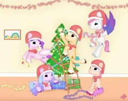 Size: 1080x856 | Tagged: safe, artist:heart k art, derpibooru import, hitch trailblazer, izzy moonbow, pipp petals, sunny starscout, zipp storm, earth pony, pegasus, pony, unicorn, series:heart k art g5 advent calendar, g5, advent calendar, bauble, christmas, christmas tree, clothes, decorating, decoration, female, garland, hat, holiday, horn, image, indoors, jpeg, male, mane five, mare, present, santa hat, scarf, stallion, tree