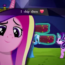 Size: 719x719 | Tagged: safe, artist:kysss90, artist:trrrebleee, derpibooru import, edit, edited screencap, screencap, vector edit, princess cadance, starlight glimmer, trixie, alicorn, pony, unicorn, g4, road to friendship, caption, derpibooru exclusive, emoji, female, horn, image, lesbian, mare, my little pony, png, princess of shipping, shipping, snapchat, startrix, text, trio, vector