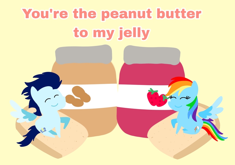 Size: 3553x2499 | Tagged: safe, anonymous artist, derpibooru import, rainbow dash, soarin', pegasus, pony, series:soarindash relationship, series:soarindash romantic tales, g4, bread, derpibooru exclusive, eyes closed, female, food, image, jelly, jpeg, male, mare, peanut butter, pointy ponies, shipping, smiling, soarindash, stallion, straight, text