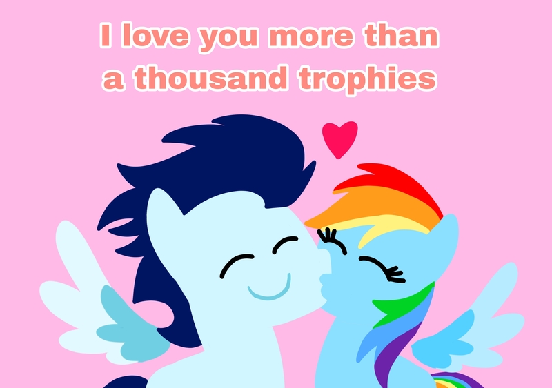 Size: 3553x2499 | Tagged: safe, anonymous artist, derpibooru import, rainbow dash, soarin', pegasus, pony, series:soarindash relationship, series:soarindash romantic tales, g4, derpibooru exclusive, eyes closed, female, image, jpeg, kiss on the cheek, kissing, male, mare, pointy ponies, shipping, smiling, soarindash, stallion, straight, text