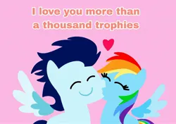 Size: 3553x2499 | Tagged: safe, anonymous artist, derpibooru import, rainbow dash, soarin', pegasus, pony, series:soarindash relationship, series:soarindash romantic tales, g4, derpibooru exclusive, eyes closed, female, image, jpeg, kiss on the cheek, kissing, male, mare, pointy ponies, shipping, smiling, soarindash, stallion, straight, text