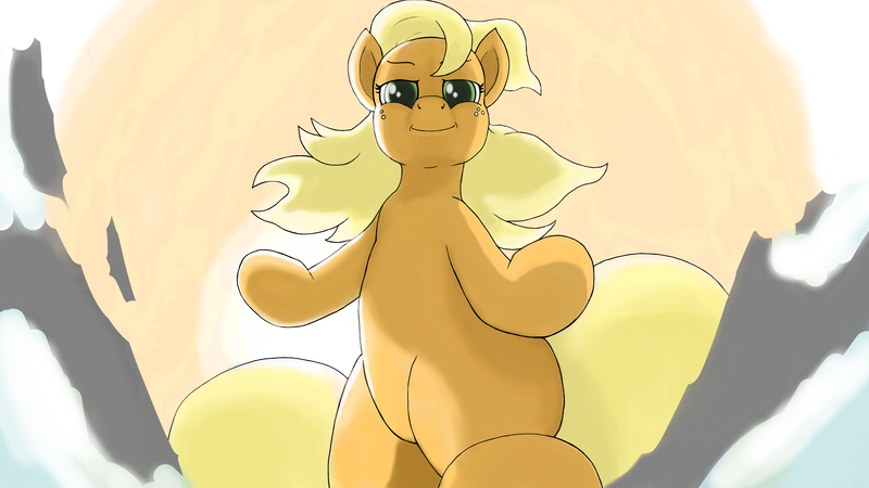 Size: 3840x2160 | Tagged: safe, artist:appulman, ponerpics import, applejack, pony, female, image, looking at you, mare, png, pose, sun, water