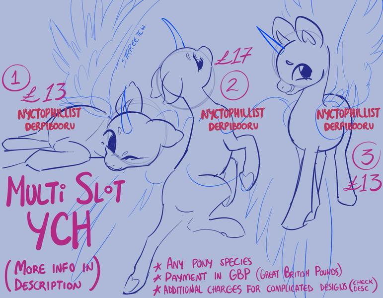 Size: 1800x1400 | Tagged: safe, artist:nyctophilist, derpibooru import, alicorn, pegasus, pony, unicorn, commission, derpibooru exclusive, ears, ears up, floating, floppy ears, flying, horn, image, lying down, multislot, multislot ych, png, sketch, smiling, standing, ych example, ych sketch, your character here